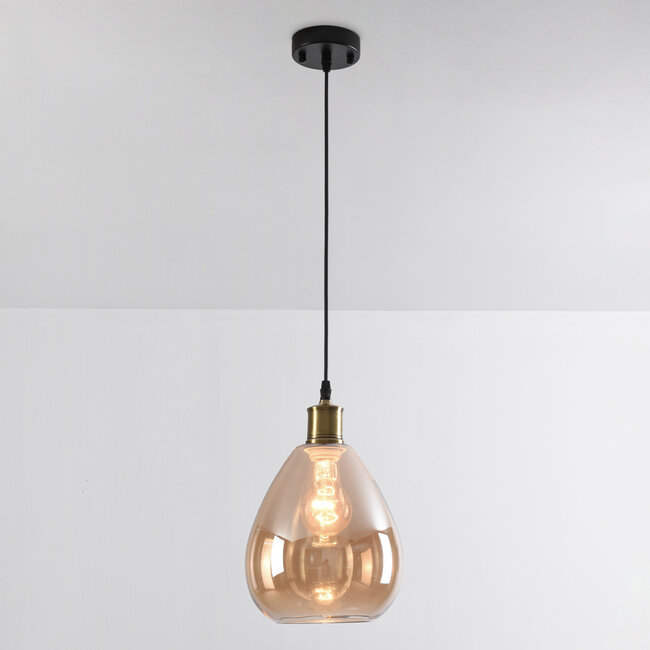 Suspension 1 lumière Verona ambre - verre lisse en forme de goutte