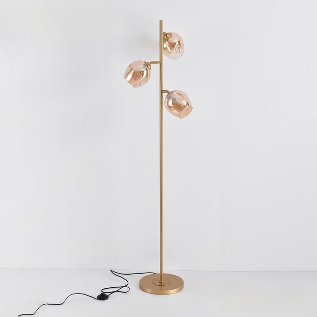 Lampadaire Melissa 3 lumières en doré et verre ambré