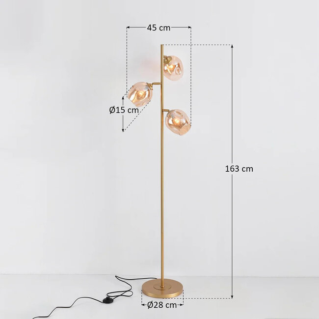 Lampadaire Melissa 3 lumières en doré et verre ambré