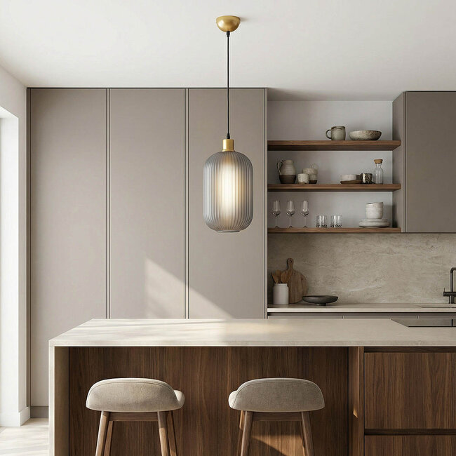 Lampe suspendue rétro en verre gris strié - Doran