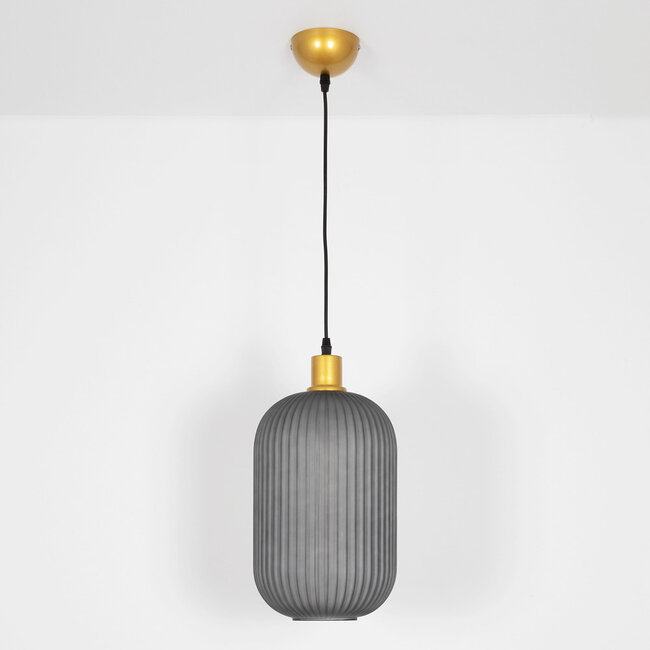 Suspension rétro Doran en verre nervuré - gris et doré
