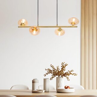 Suspension Soikea 4 lumières - doré avec globes en verre ambré