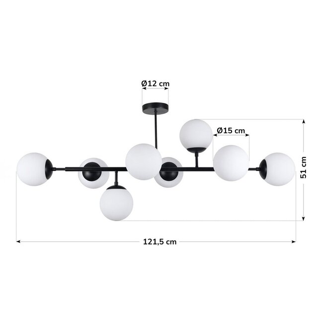 Plafonnier Osem 8 lumières - noir avec globes en verre opalin