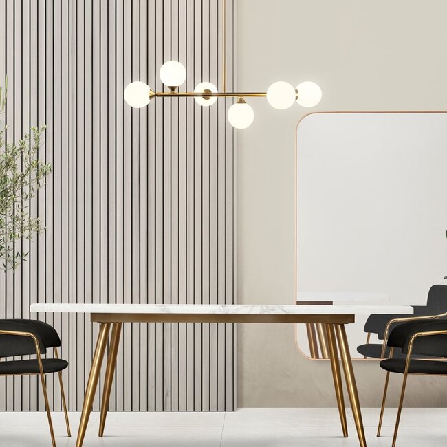 Seconde chance : Plafonnier design Aster 6 lumières en doré et verre blanc laiteux