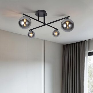Plafonnier moderne, 4 lumières noir avec verre fumé - Nymo