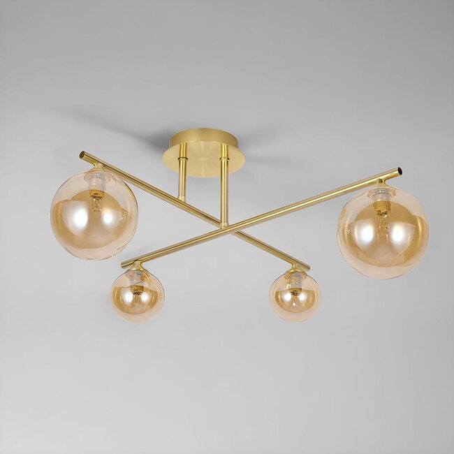Plafonnier élégant, 4 lumières or avec verre ambré - Nymo