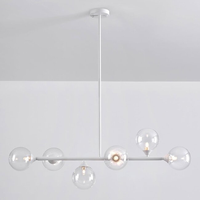 Suspension Aster 6 lumières - cadre blanc avec globes transparents