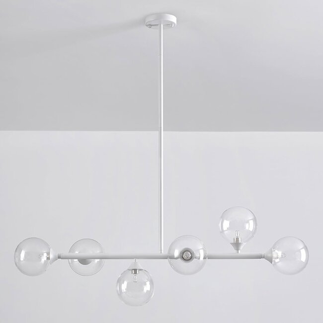 Suspension Aster 6 lumières - cadre blanc avec globes transparents