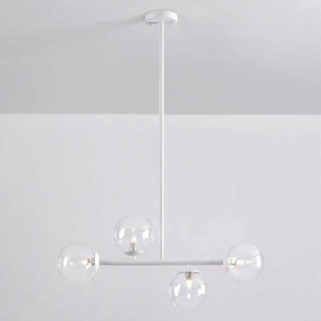 Lampe suspendue Asun avec cadre blanc et sphères en verre transparent