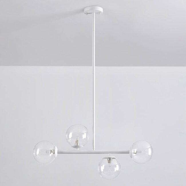 Lampe suspendue Asun avec cadre blanc et sphères en verre transparent