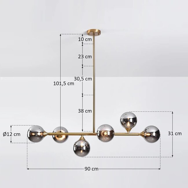 Suspension Aster 6 lumières en verre fumé à effet miroir - doré