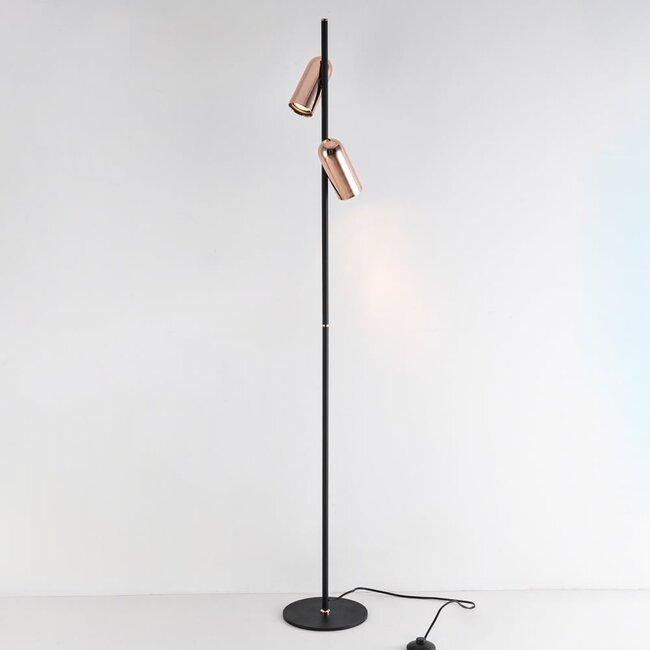 Lampadaire Kisho à 2 spots, noir à détails dorés