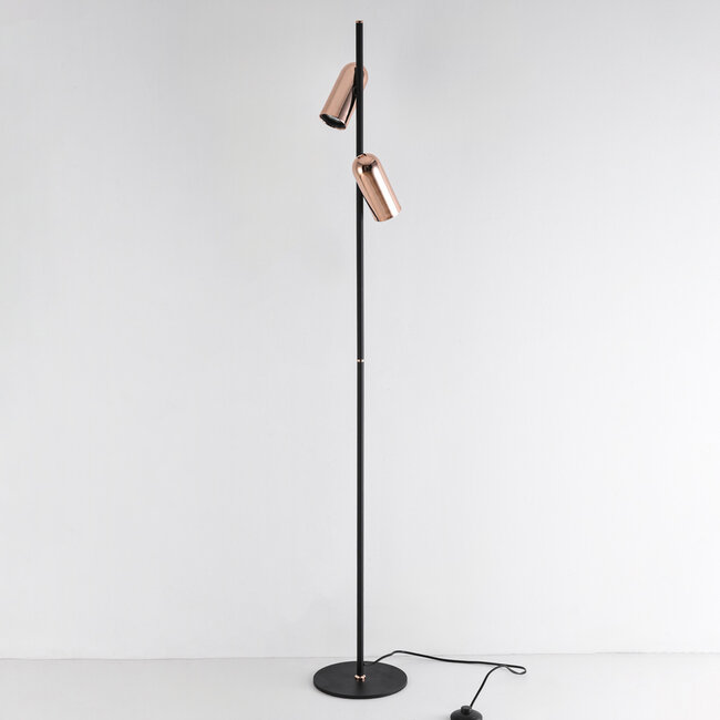 Lampadaire noir Kisho avec 2 spots - détails dorés