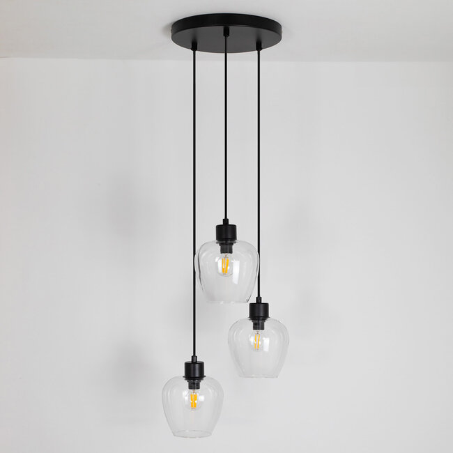 Suspension design noire mate avec verre transparent 3 lumières - Stockton