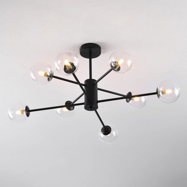 Plafonnier Idaho 8 lumières - noir avec globes transparents