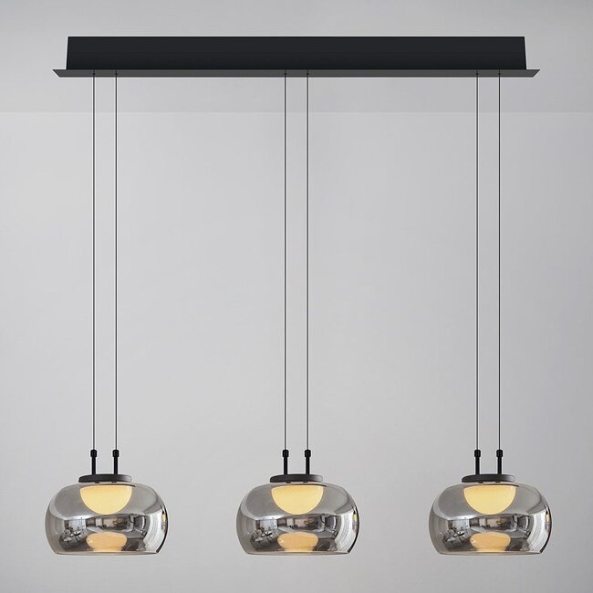 Suspension Gujo 3 lumières à intensité variable - verre fumé et noir