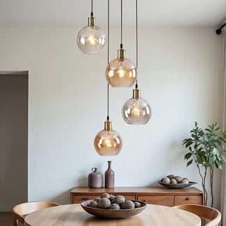 Suspension 4 lumières avec verre Cognac et ambré - Livia