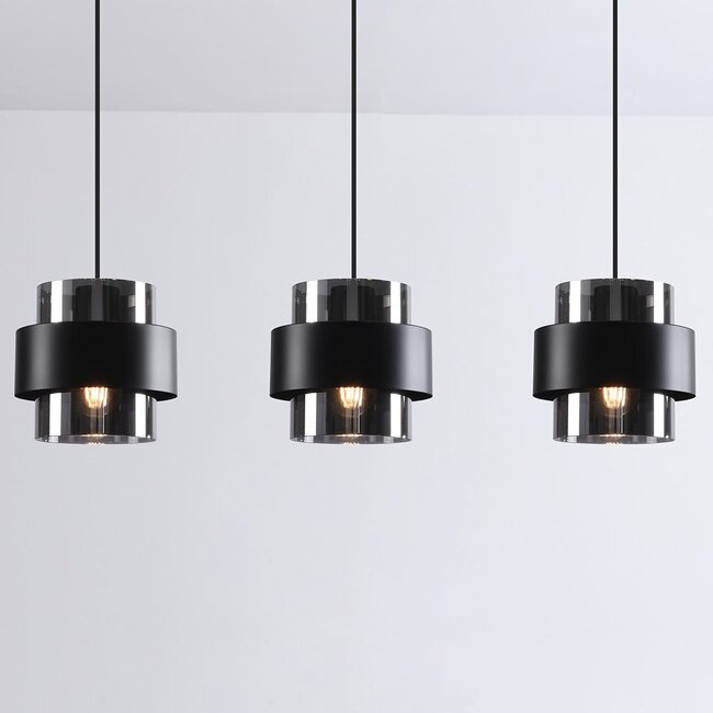 Suspension Faey 3 lumières en verre fumé - noir allongé