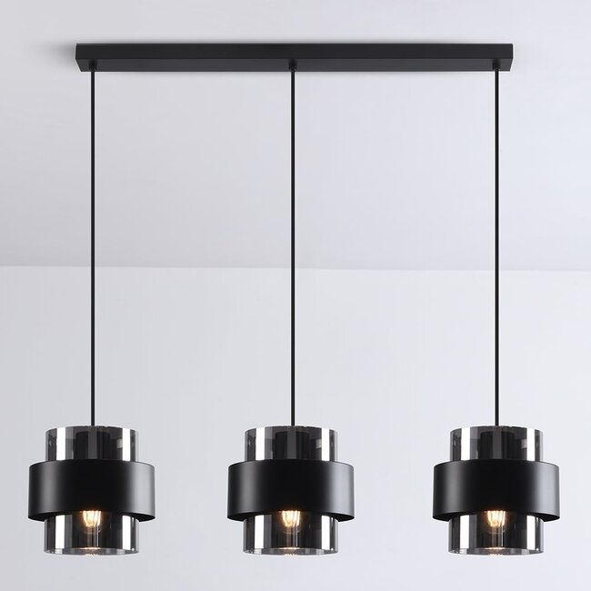 Suspension Faey 3 lumières en verre fumé - noir allongé
