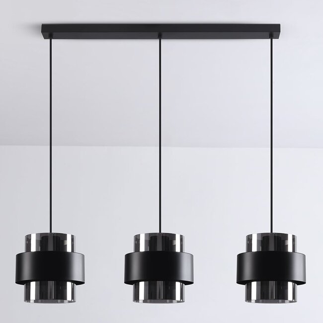 Suspension Faey 3 lumières en verre fumé - noir allongé