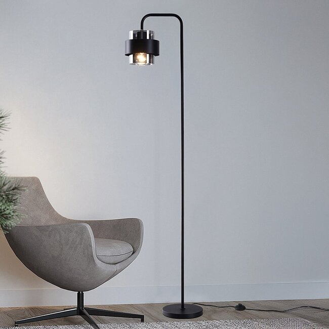 Lampadaire noir Fyke en verre fumé