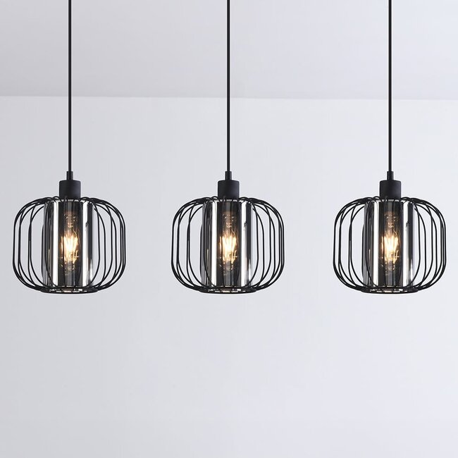 Lampe suspendue Dilan avec verre fumé, 3-lumières - noir