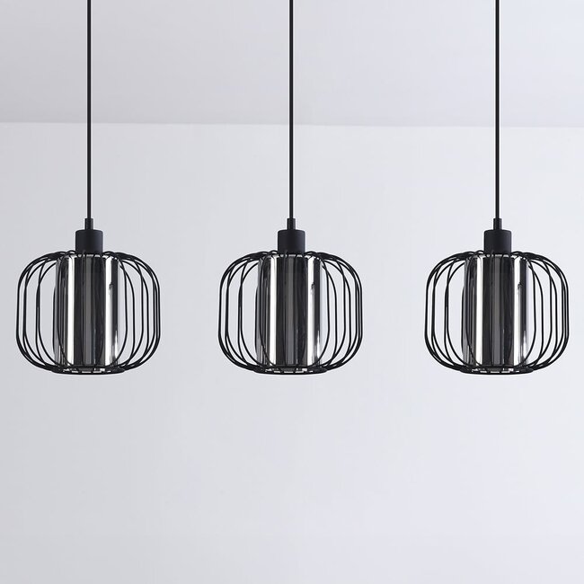 Lampe suspendue Dilan avec verre fumé, 3-lumières - noir