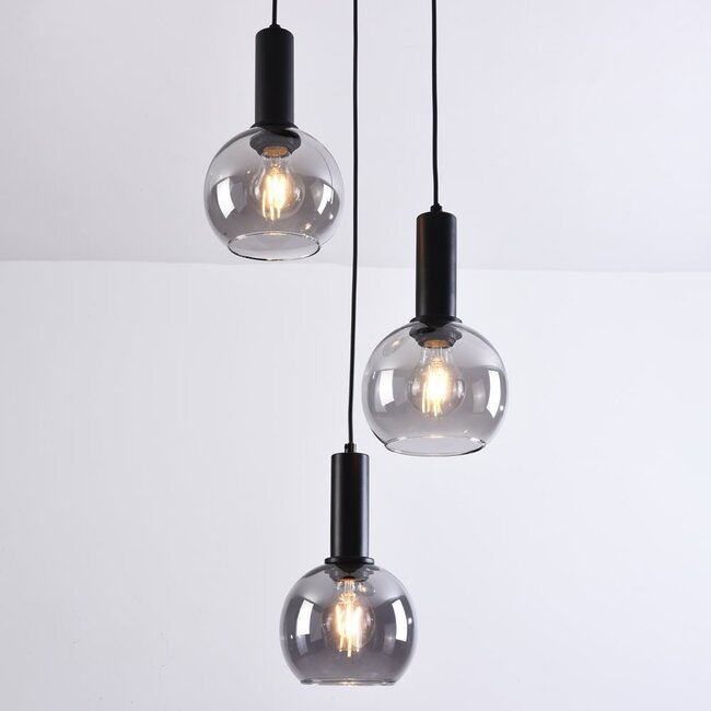 Lampe suspendue noire avec verre fumé, 3 lumières - Imme