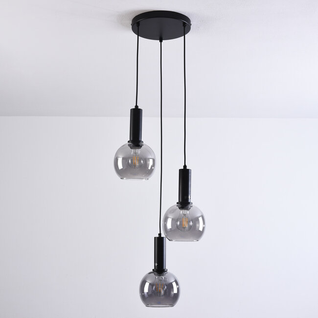 Lampe suspendue noire avec verre fumé, 3 lumières - Imme
