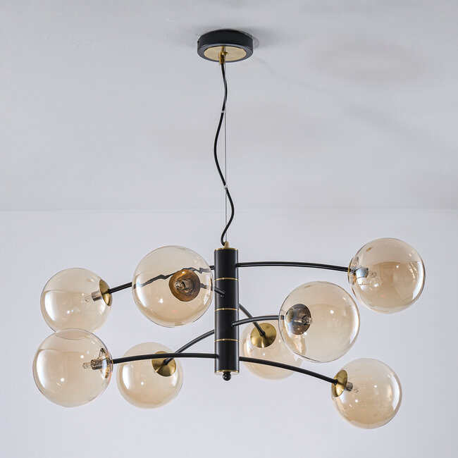 Lampe suspendue noire Torino avec verre ambré, 8 lumières
