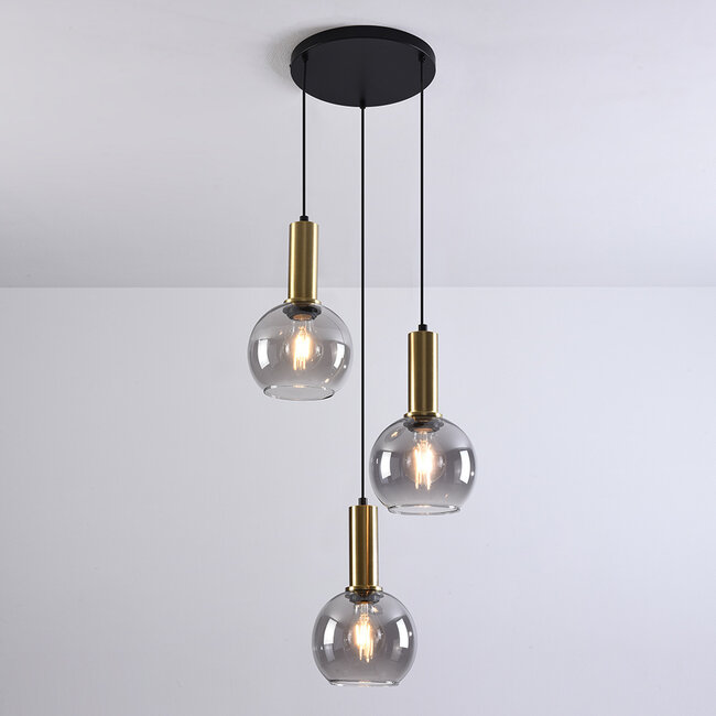 Lampe suspendue Imme avec verre fumé, 3-lumières - or