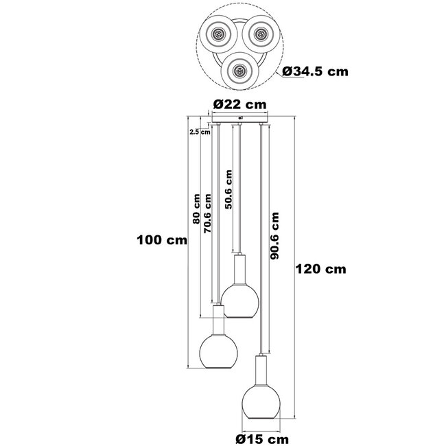 Lampe suspendue Imme avec verre fumé, 3-lumières - or