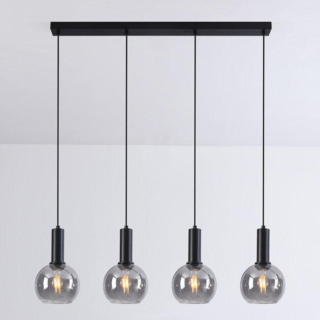 Lampe suspendue noire Imke avec verre fumé, 4 lumières