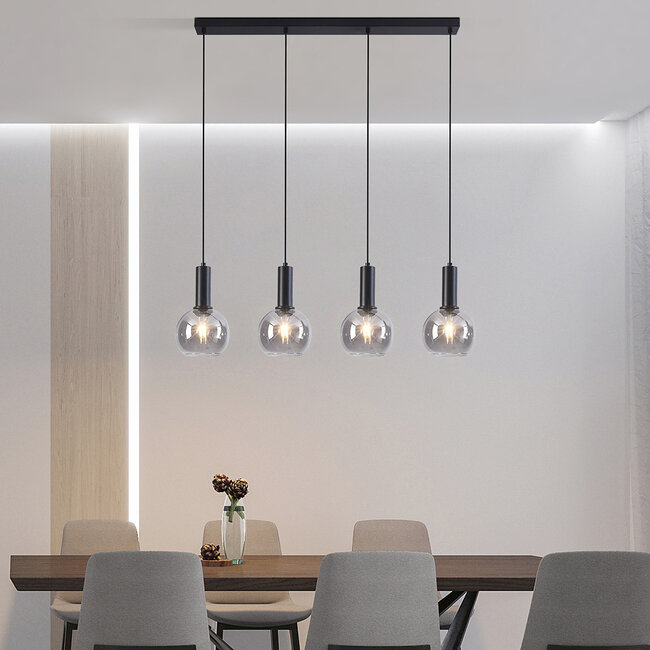 Lampe suspendue noire Imke avec verre fumé, 4 lumières