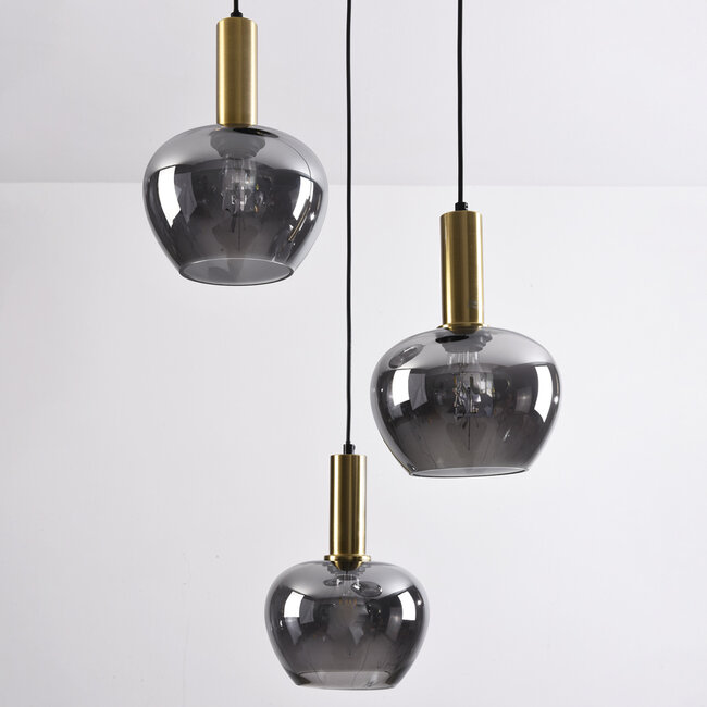 Lampe suspendue moderne Ismay avec verre fumé, 3-lumières - or