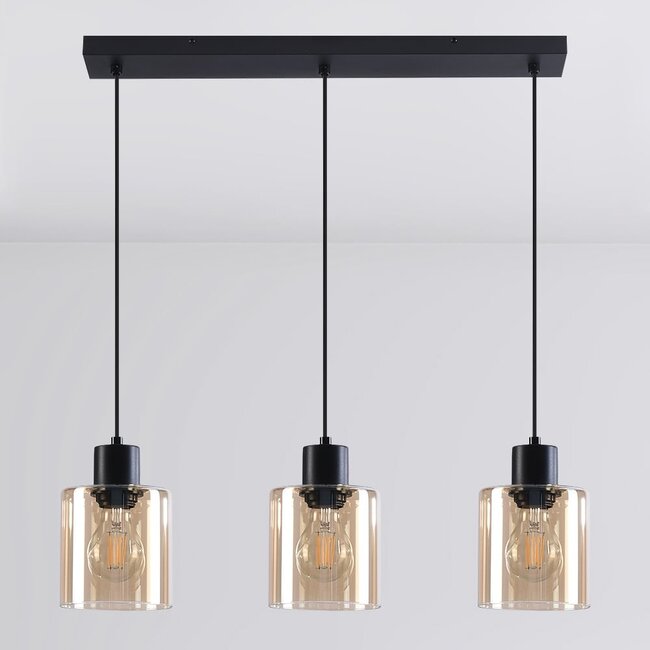 Suspension noire 3 lumières en verre ambré - Palaio