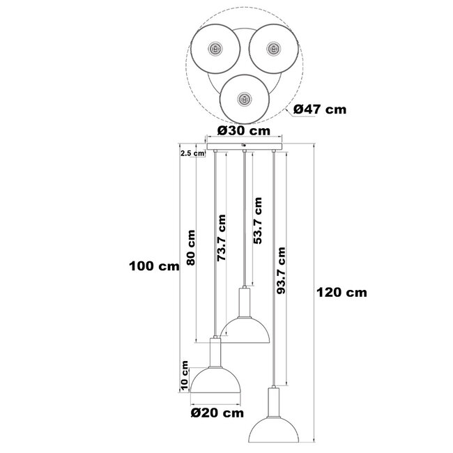 Lampe suspendue noire avec verre fumé, 3-lumières - Fares