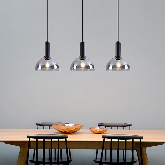Lampe suspendue noire avec verre fumé, 3 lumières - Filiz