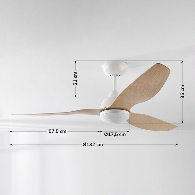 Ventilateur de plafond Oiseau avec LEDs dimmables et pales en bois clair - aspect bois