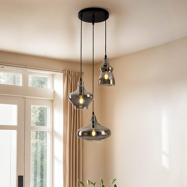 Suspension noire avec verre fumé 3 lumières - Trinidad