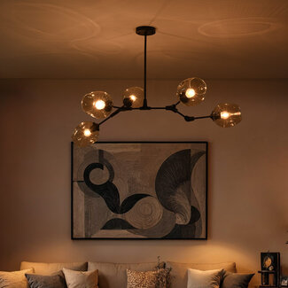 Suspension design 5 lumières en noir avec verre transparent - Salome