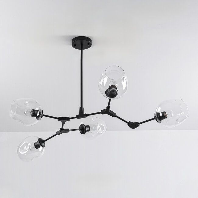 Suspension design 5 lumières en noir avec verre transparent - Salome