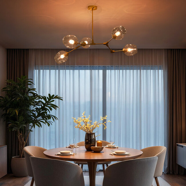 Suspension design 5 lumières en doré avec verre transparent - Selini