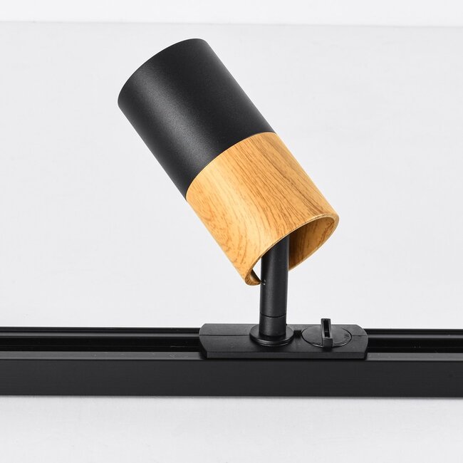 Spot sur rail monophasé noir avec aspect bois acajou - Linn