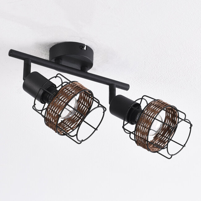 Plafonnier Harun en rotin et métal noir, 2 lumières