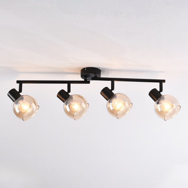 Plafonnier à 4 lumières Pela - verre ambré et noir, spots orientables
