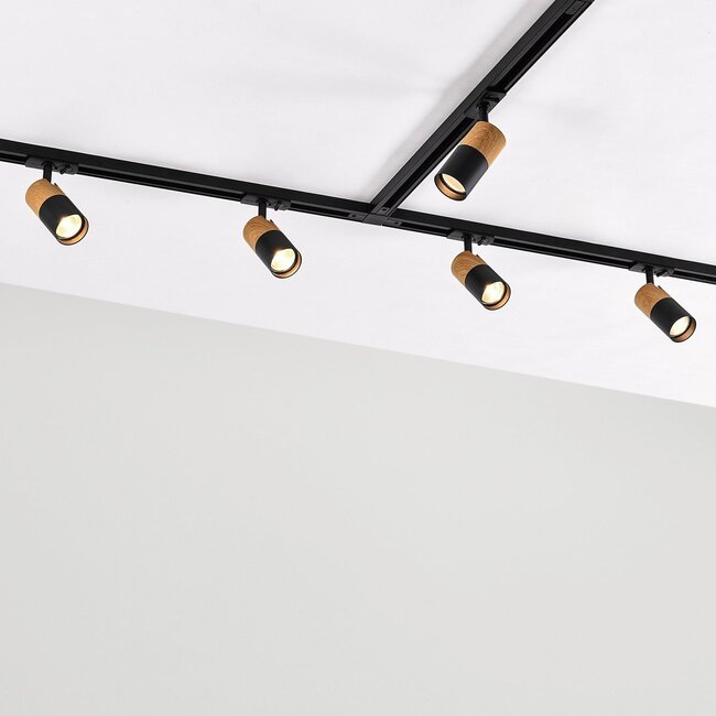 Kit rail monophasé de 3 mètres, spots Linn noirs à l’aspect acajou