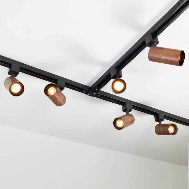 Kit rail monophasé de 1,5 mètre, spots Loek noirs à l’aspect noyer
