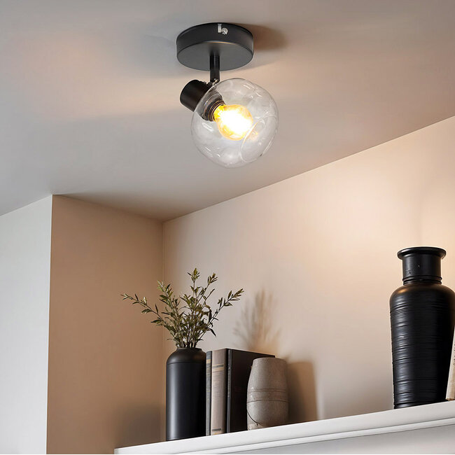 Plafonnier noir avec verre transparent, 1 lumière - Jenthe