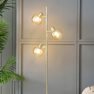 Lampadaire doré avec verre ambré, 3 lumières - Jesse